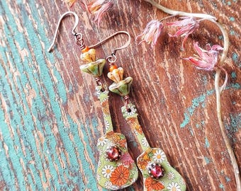 Boho Guitar Earrings: Washi Tape Collage, Czech Glass Beads