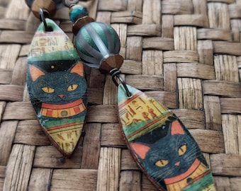 Washi Tape Egyptian Cat Earrings: Czech Glass Boho Jewelry