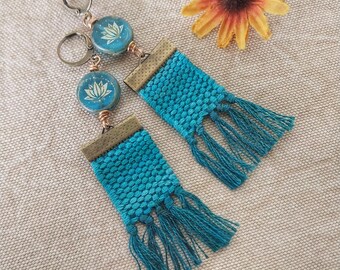 Hand Woven Fringe Earrings: Peacock Blue Czech Glass Beaded Earrings