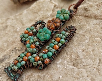 Desert cactus pendant, beaded artisan jewelry, desert inspired, wire wrapped, rustic jewelry,  Southwestern