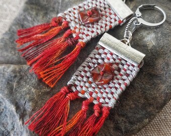 Handwoven Fringe Earrings: Czech Glass Bead, Overdyed Cotton
