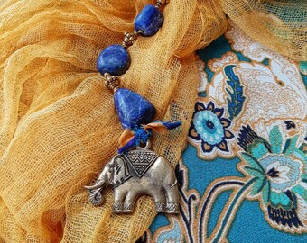 Elephant necklace, long knotted pendant, choker necklace, adjustable, lapis stones