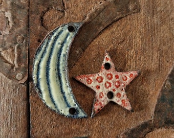 Enameled charms, moon and star, handmade torch fired enamel, artisan jewelry components