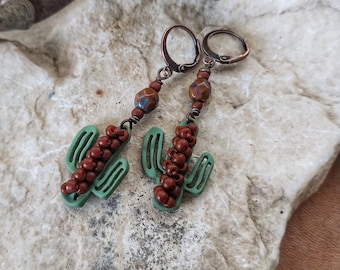 Beaded Cactus Earrings: Czech Glass Boho Dangle Earrings