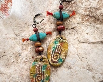 Southwestern petroglyph earrings: hand painted clay, stone beads, primitive