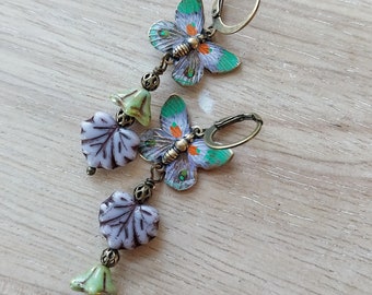 Hand painted butterfly earrings, soft colors, Spring colors, asymmetrical earrings