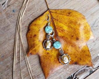 Rustic boho earrings, stone beads, stacked dangle earrings,