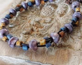 Beaded leather bracelet, boho jewelry, soft colors