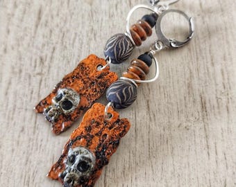 Weathered skulls, hand painted skull earrings, goth jewelry, Halloween
