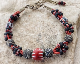Beaded leather bracelet, boho jewelry, black and red