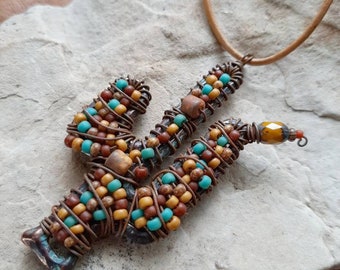 Desert cactus pendant, beaded artisan jewelry, desert inspired, wire wrapped, rustic jewelry,  Southwestern, Belle Armoire Jewelry magazine