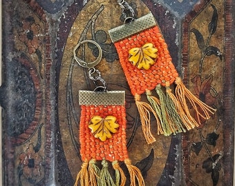 Hand Woven Fall Earrings, Czech Glass Leaf, Fringe Jewelry