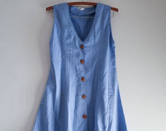 Denim 60s / 70s NÁUTICO mameluco vestido madera botones y cordones lazo detalle sz. Pequeño mediano