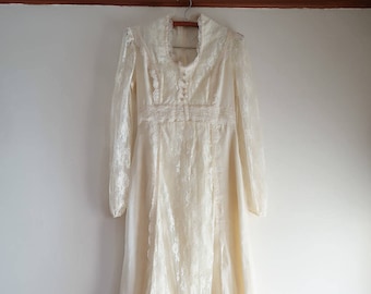 Vintage 70s etéreo boho Gunne Sax crema vestido de novia de encaje transparente sz. XS / Pequeño