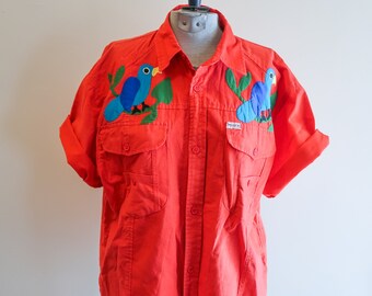 Red cotton 80s TOUCAN bird applique camp shirt by Imagen UNISEX sz. Medium / Large