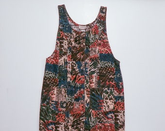 Vestido estilo mameluco con estampado de guepardo en algodón texturizado vintage, talla 14. Medio