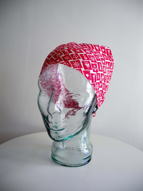 Red NAUTICAL 50s / 60s picnic kercheif head scarf