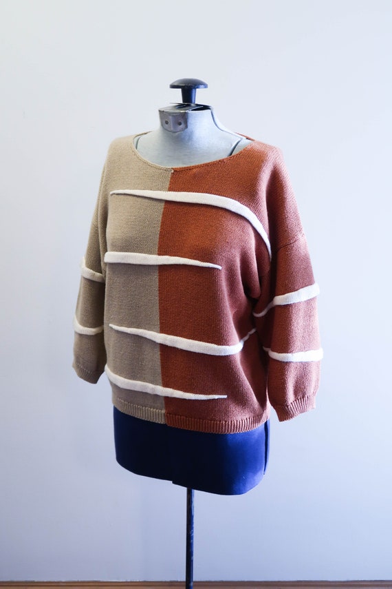 Two tone abstract texture 70s color block sweater… - image 3