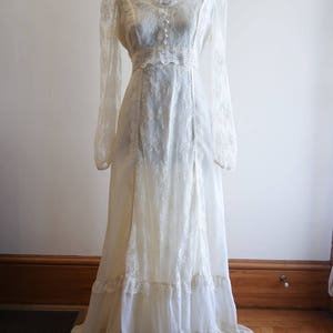 Vintage 70s Ethereal Boho Gunne Sax Cream Sheer Lace Wedding Dress Sz ...