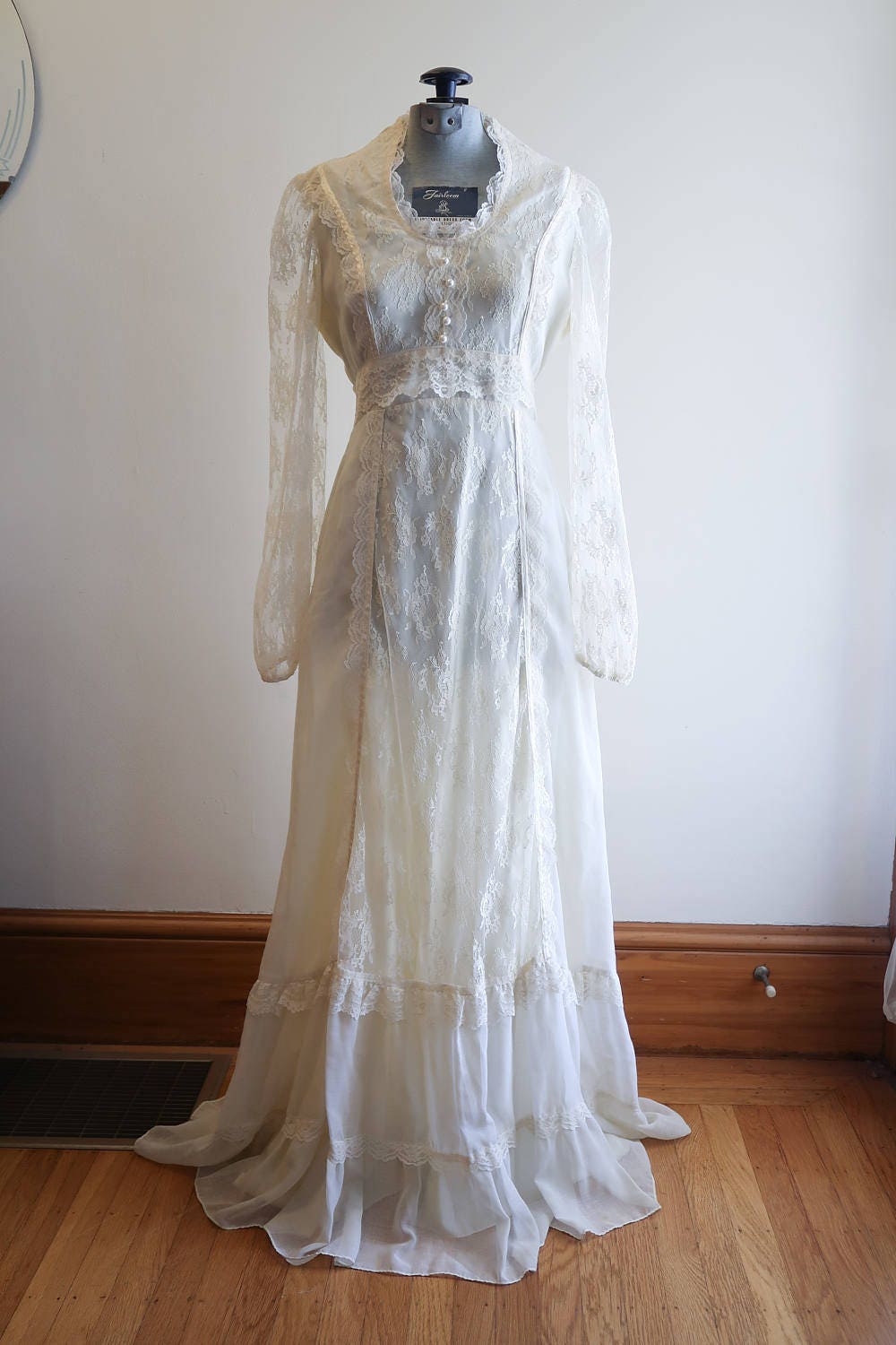 Vintage 70s Ethereal Boho Gunne Sax Cream Sheer Lace Wedding Dress Sz ...