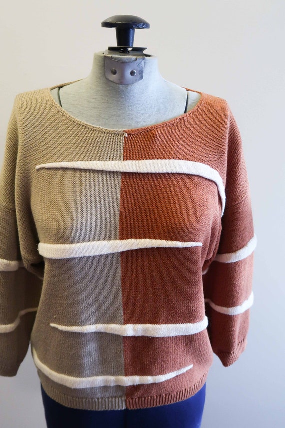 Two tone abstract texture 70s color block sweater… - image 2