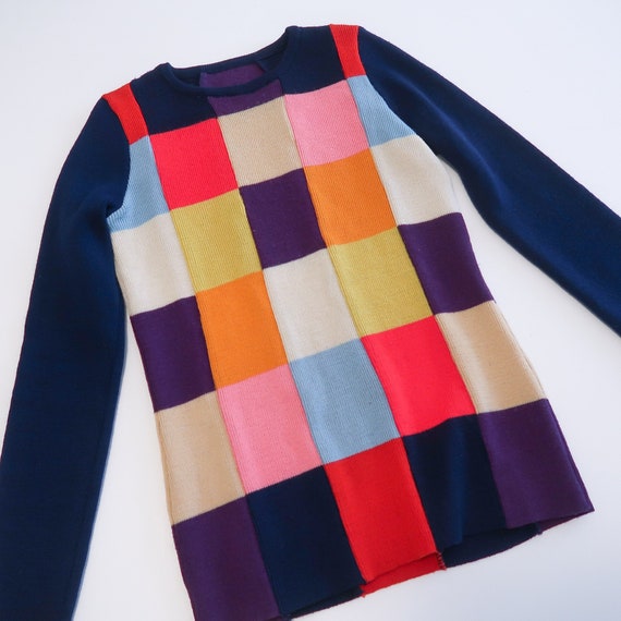 Unique Mod vintage 70s patchwork wool knit sweate… - image 1