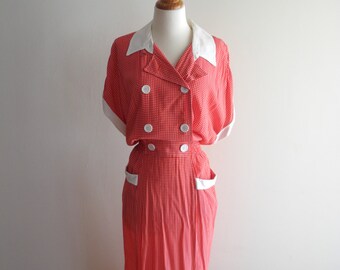 Vestido de rayón estilo lunar rojo y blanco de los años 40 sz. Pequeño / Mediano