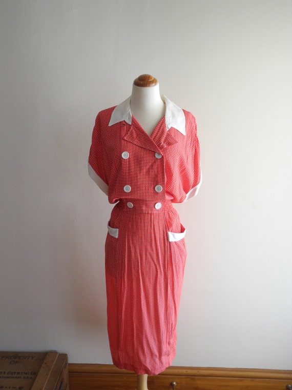 Red & white polka dot 40s style rayon dress sz. Sm