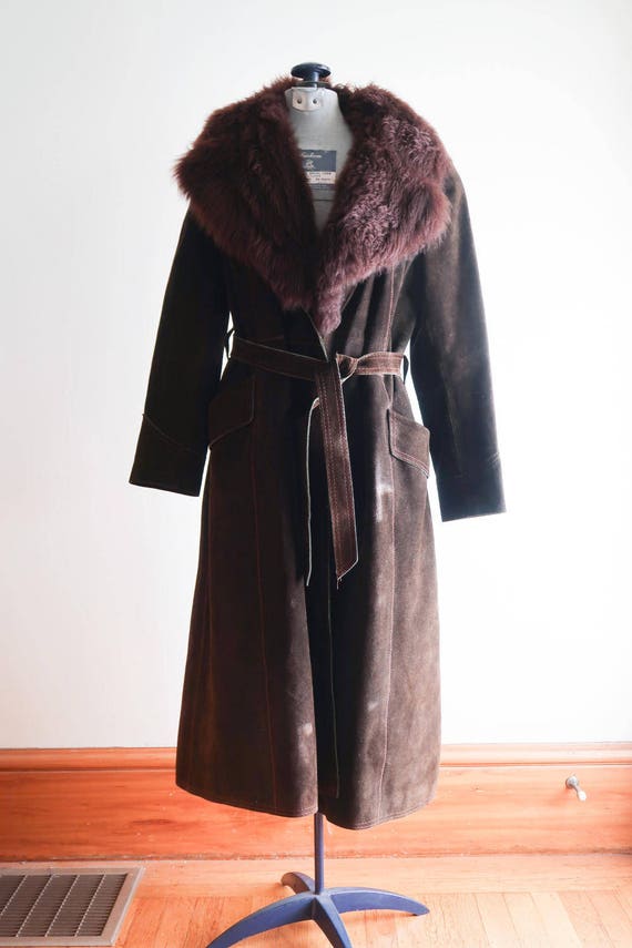 Beautiful brown SUEDE 70s shearling collar coat sz