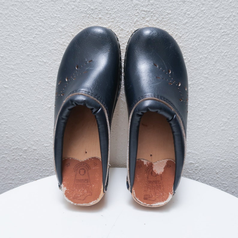 navy leather clogs