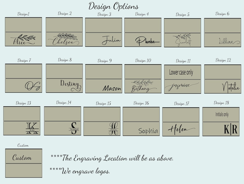 K&ouml;nnte beinhalten: Ein Diagramm mit 18 verschiedenen Designoptionen f&uuml;r personalisierte gravierte Holzkisten. Die Designs umfassen verschiedene Schriftarten, Stile und Layouts, mit Optionen f&uuml;r Namen, Initialen und nur Kleinbuchstaben. Der Text "Die Gravurposition wird wie oben sein." und "Wir gravieren Logos." ist ebenfalls enthalten.