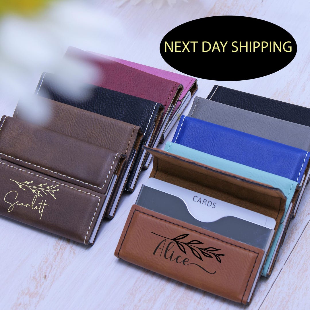 Personalized Business Card Holder Custom Engraved Magnet Closure Wood 