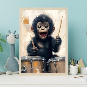 Baby Gorilla Plays Drums: un póster enérgico para pequeños músicos y fanáticos de la batería