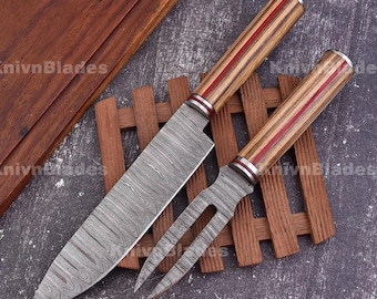 Damascus Steel BBQ Knife Set: Chef Knife & Fork with Wood Handle