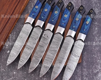 Damascus Steel Steak Knives Set, Wood & G10 Handle, Anniversary Gift