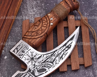 Handgemaakte Viking-bijlpizzasnijder, roestvrij staal met op maat gesneden houten handvat