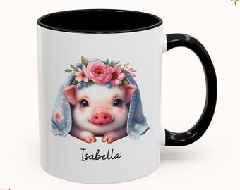 Taza de cerdo personalizada: Taza de café con diseño floral de cerdito