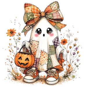 May include: A ghost figure wearing a large patchwork bow and a patchwork sheet with orange, green, and brown patterns. The ghost has large dark eyes, rosy cheeks, and wears orange trainers while holding an orange jack-o'-lantern bucket.