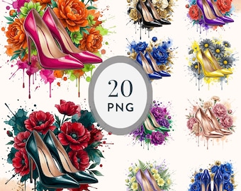 20 aquarel hoge hakken clipart, bloemen stiletto png, bloemen Valentijn hak, glamour sublimatie ontwerp