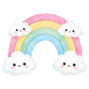 Klipart z pastelową akwarelą i tęczą, kawaii chmury, wystrój pokoju dziecięcego (pobranie cyfrowe)