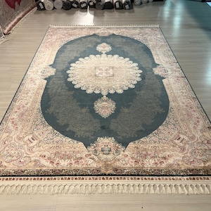 7X10 ft Cream Blue Silk Rug, Medium Silk Rug, Rug for Living Room, High Quality Silk Rug,Luxury Persian Silk Rug, Home Decor, Qum Silk Rug