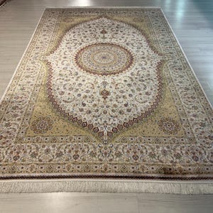 7X10 ft Gold Beige Cream Medallion Silk Rug, Anatolian Silk Rug, Rug for Living Room, High Quality Silk Rug,Luxury Silk Rug, Home Decor