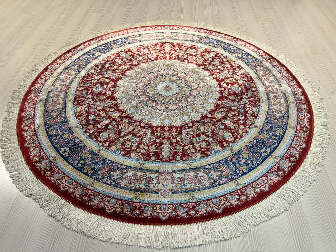 5x5 Ft Red Rose Pattern Silk Circle Rug, Classic Persian Rug, Round Rug ...