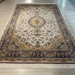 7X10 ft Cream Navy Blue Silk Rug, Medium Silk Rug, Rug for Living Room, High Quality Silk Rug,Luxury Silk Rug, Home Decor, Qum Silk Rug