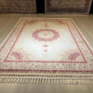 5X8 ft Beige Red Silk Rug, Medallion Silk Rug, Rug for Living Room, High Quality Silk Rug,Luxury Silk Rug, Home Decor, Persian Silk Rug