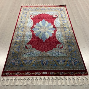 3X5 ft Red Classic Silk Rug, Turkish Silk Rug, Rug for Living Room, Medium Silk Rug,Runner Silk Rug, Hallway Silk Rug , Entryway Rug