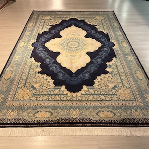 7X10 ft Beige Navy Blue Silk Rug, Medium Silk Rug, Rug for Living Room, High Quality Silk Rug,Luxury Silk Rug, Home Decor, Qum Silk Rug