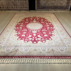 5X8 ft Red Gold Medallion Silk Rug, Turkish Silk Rug, Rug for Living Room, High Quality Silk Rug,Luxury Silk Rug, Home Decor,Medium Silk Rug