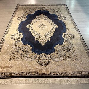7X10 ft Blue Gold Medallion Silk Rug, Anatolian Silk Rug, Rug for Living Room, High Quality Silk Rug,Luxury Silk Rug, Home Decor