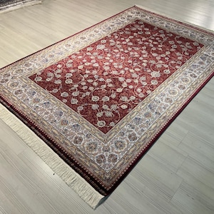 5X8 ft Red Floral Pattern Silk Rug, Medium Silk Rug, Rug for Living Room, High Quality Silk Rug,Luxury Silk Rug, Home Decor, Qum Silk Rug
